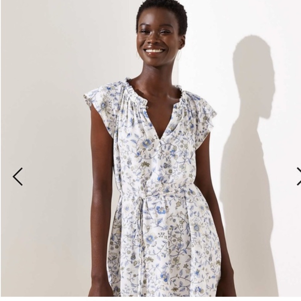 Loft floral ruffle split neck dress. Worn twice. 99 retail